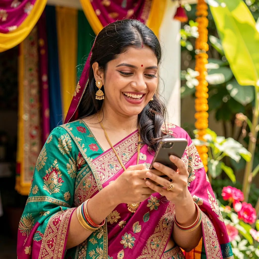Smiling Pakistani woman in a traditional sari enjoying the EQ68 casino app on her smartphone with colorful lights creating a lively gaming atmosphere