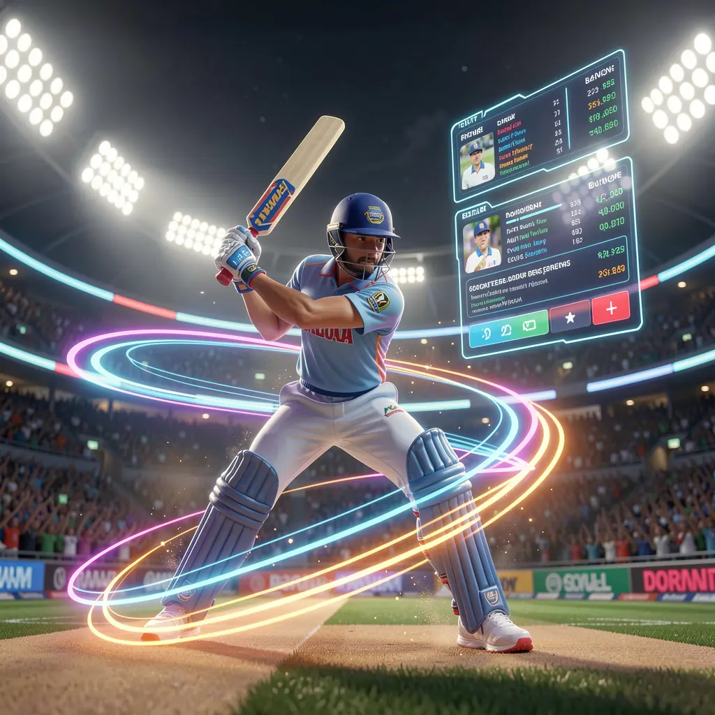 Dynamic neon cricket player silhouette with motion trails and floating betting options representing high speed sports betting on EQ68 in Pakistan
