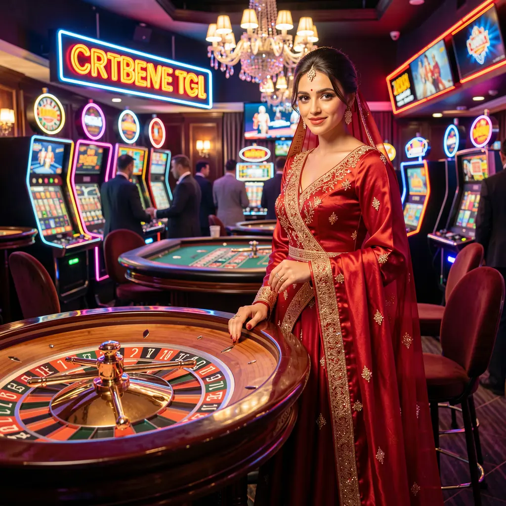Elegant woman in a luxurious red dress standing near a glowing roulette table in a vibrant casino atmosphere showcasing the premium gaming experience at EQ68 for players in Pakistan