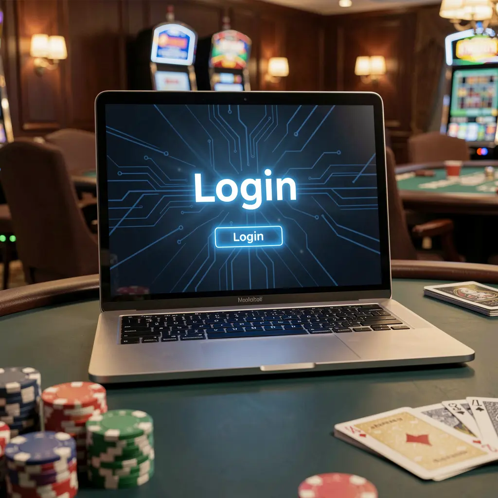 Modern laptop on a casino table with poker chips and cards showing the EQ68 login screen for secure access in Pakistan