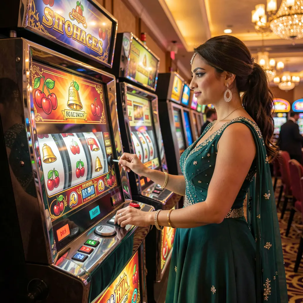 Elegant Pakistani woman in a luxury evening outfit playing a glowing slot machine in a vibrant casino atmosphere at EQ68 with bright reels and a thrilling gaming mood